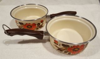 2 Vintage Moneta Enamel Saucepans Floral Cookware Made In Italy