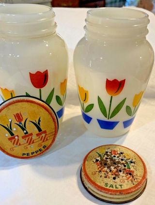 Vintage Fire King Anchor Hocking Milk Glass Tulip Salt & Pepper Shakers W/lids