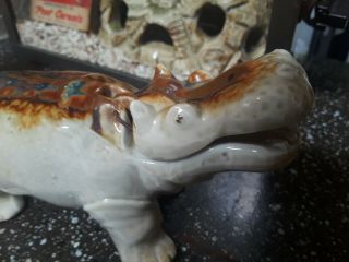 Vintage Old Aquarium Fishbowl Ceramic Bisque Action Ornament White Hippopotamus