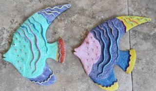 2 Pc.  Vintage Chalkware Plaster Tropical Fish Wall Plaques – Multi - Colored