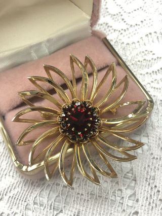 Vintage Sarah Coventry Gold Tone Red Rhinestone Ruby Flower Brooch