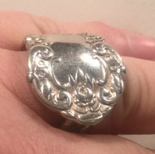 Vintage 1970’s Spoon Ring Large And Chunky Size 10 With Roses And Letter