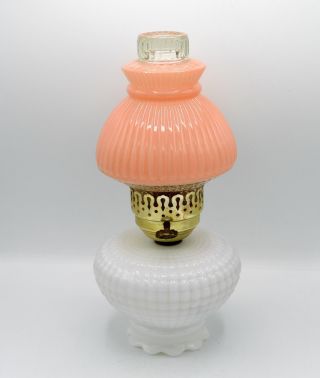 Vintage White Milk Glass Side Table Lamp With Pink Glass Dome - 1950 