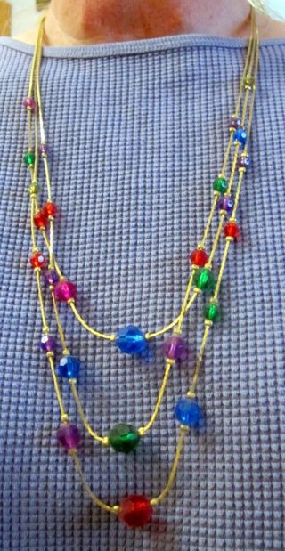 Vintage 28 Inch 3 Strand Gold Clad Chain Red Blue Green Purple Bead Necklace (84