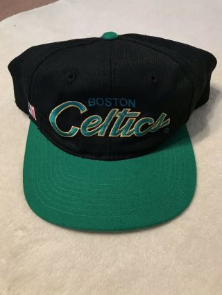 Vintage Boston Celtics Script Sports Specialties Black Snapback Baseball Hat Nba