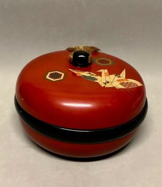 Vtg Rare Japanese Red Lacquer Wood Box Bowl With Lid Origami Crane Design