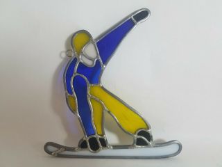 Vintage Snowboarder Leaded Stained Glass Suncatcher 7 " X 7 " Pre - Owned
