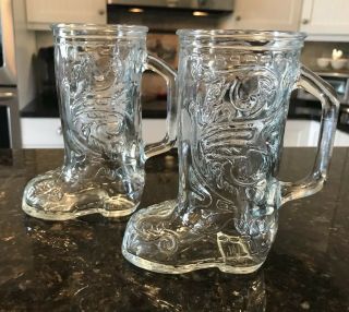 2 Vintage Cowboy Boot Shaped Beer Mugs Glass 6” Tall