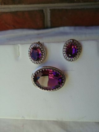 Vintage Estate Danecraft Set Purple Sterling Silver Brooch/pin Screw Earrings