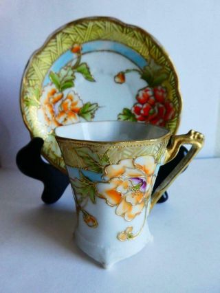 Vintage Hand Painted Jpl Nippon Tea Cup And Saucer - Flowers With Gold Trim