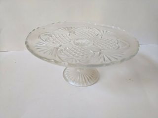 VINTAGE PEDESTAL CLEAR PRESSED GLASS CAKE STAND PIE SERVER PLATE DISH APPLES 2