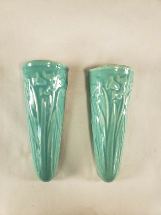 Pair Vintage Daffodil Art Deco Mcm Embossed Wall Pockets In Turquoise