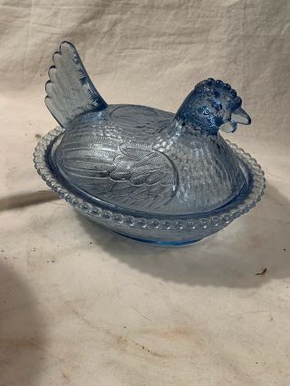 Vintage Hen On Nest Indiana Glass Light Blue Covered Chicken Candy Dish