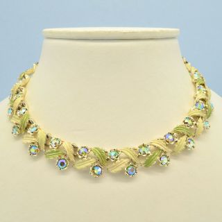 Vintage Necklace Coro 1950s Green & Yellow Enamel & Crystal Goldtone Jewellery