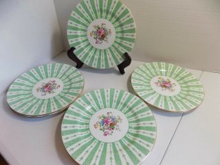 Crown Staffordshire,  Green Striped Rim Salad/dessert Plates,  Set Of 8,  Vintage