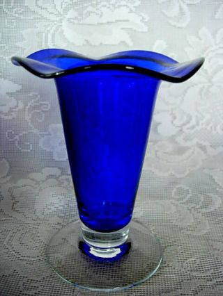 Vintage Cobalt Blue Blown Glass Footed Ruffle Vase