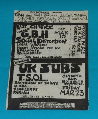 Vintage Punk Gbh Social Distortion Tsol Vandals Uk Subs Flyer Handbill