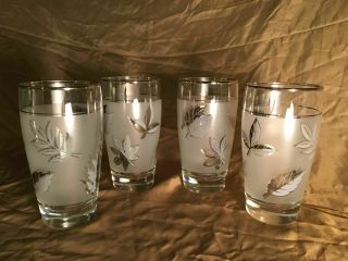 3 Libbey Fall Leaves Metallic Silver Frosted Tumbler Water Glasses Vintage 5.  25 "