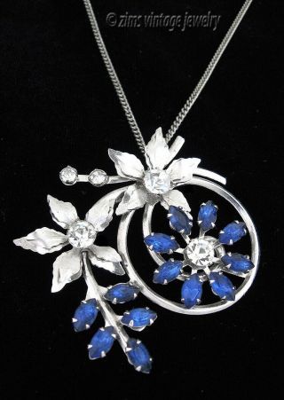Vintage 1950’s Sapphire Blue Rhinestone Floral Leaf Silver Pin Pendant Necklace