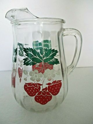 Vintage 1950s Glass 3 Quart Ice Lip Pitcher Red Strawberries & Green Leaves