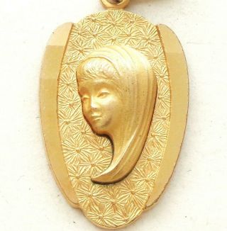 Gorgeous Antique Gold Plated Jewel Medal Pendant - Portrait Of Holy Mary