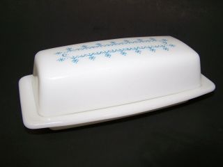 Vintage Pyrex Butter Dish 2 Pc Milk Glass With Blue Snowflake Pattern Print Lid