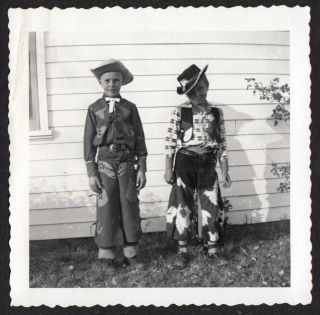 Tough Girl & Boy In Elaborate Chaps Cowgirl & Cowboy Costume 1950s Vintage Photo