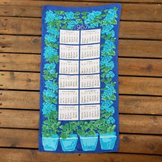 Vintage 1967 Vera Neumann Lady Bug Blue Floral Linen Calendar Tea Towel