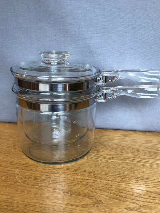 Vintage Pyrex Clear Glass Flameware Double Boiler Usa Made 1.  5 Qt W/lid