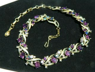 Vintage Coro Necklace Goldtone Purple Clear Ab Rhinestones