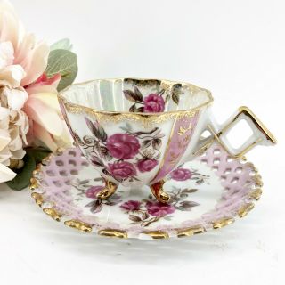 Vintage Napco China Footed Tea Cup & Saucer Hand Painted Pink Roses 1dd293