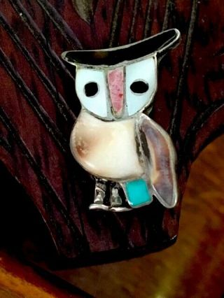 Vintage Zuni 925 Sterling Silver Turquoise Spiny Oyster Onyx Jasper Owl Pin 3.  4g