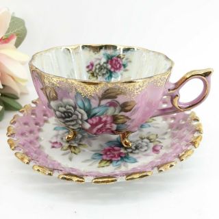 Vintage Napco China Footed Tea Cup & Saucer Hand Painted Roses 1dd293 Gold