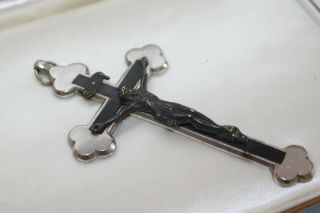 German - Inlay Scalloped Pectoral Crucifix Cross Vintage Silver Metal 4 1/4 "