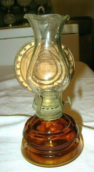 Vintage Mini Oil Lamp Metal Wall Mount Reflector Amber Glass Font Base Japan