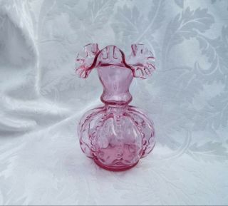 Vintage Fenton Cranberry Melon Vase,  Pink Glass Beaded Thumbprint Design Ruffled
