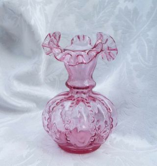 VINTAGE FENTON CRANBERRY MELON VASE,  Pink Glass beaded Thumbprint design Ruffled 5