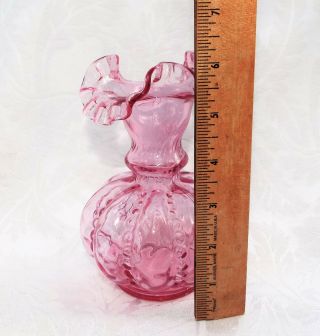 VINTAGE FENTON CRANBERRY MELON VASE,  Pink Glass beaded Thumbprint design Ruffled 6