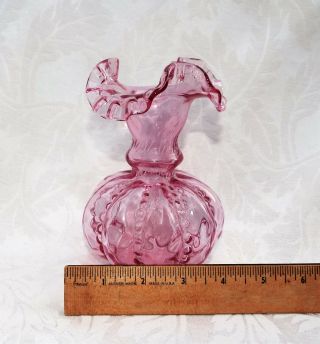VINTAGE FENTON CRANBERRY MELON VASE,  Pink Glass beaded Thumbprint design Ruffled 7