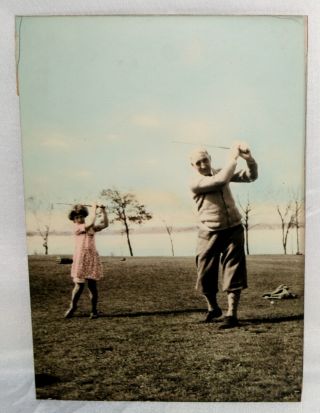 Vintage Photograph Colorized Man Dad Girl Golfing Golf Swing Hand Tinted Color