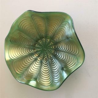 Fenton Vintage Carnival Glass - Iridescent Green Peacock Tail Pattern 7 "