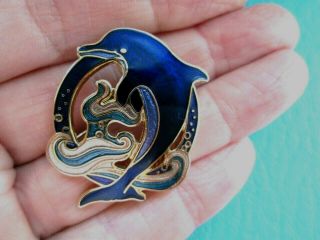 Vintage Signed Fish Sapphire Tone Cloisonne Enamel Diving Dolphin Brooch Pin