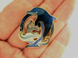 Vintage Signed Fish Sapphire Tone Cloisonne Enamel Diving Dolphin Brooch Pin 2