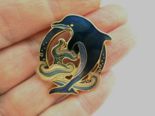 Vintage Signed Fish Sapphire Tone Cloisonne Enamel Diving Dolphin Brooch Pin 4
