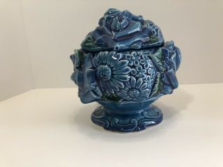 Vintage Cookie Jar Japan Blue Shaped Like Roses