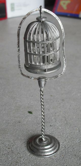 Vintage Artisan Pewter Dollhouse Hanging Birdcage With Stand 4 3/4 " Tall