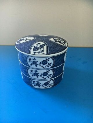 Antique/vintage Japanese Blue And White Stacked Bowls With Lid
