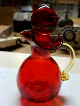 Red Glass Decanter With Round Top,  Vintage