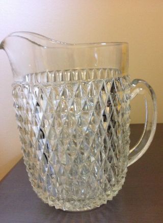 Vintage Indiana Glass Diamond Point Clear Crystal Water Pitcher Pressed 64oz