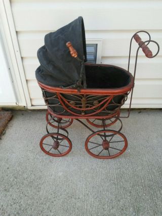 Vintage Child Doll Wicker Carriage / Buggy With Canopy Black